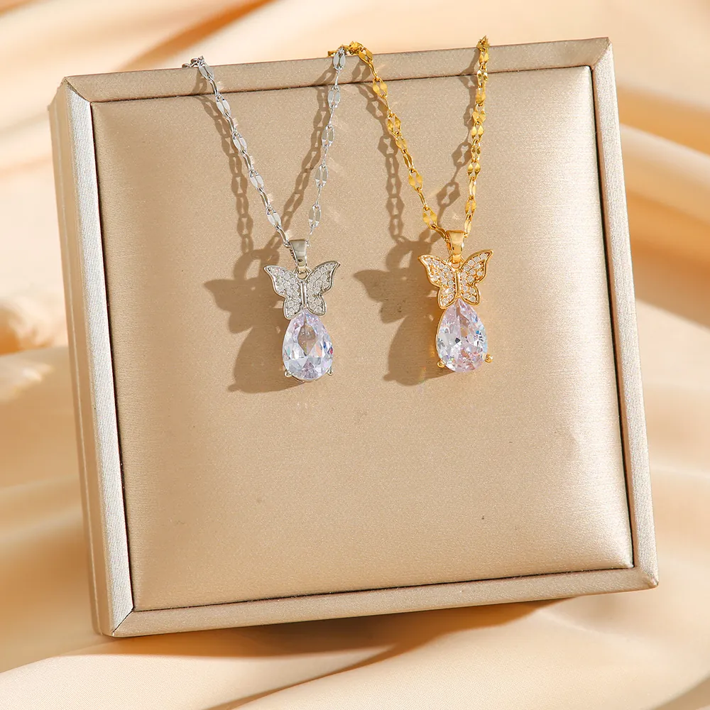 Collier Pendentif Papillon Zircon Goutte Acier Titane Bijoux Élégants Pour Femmes