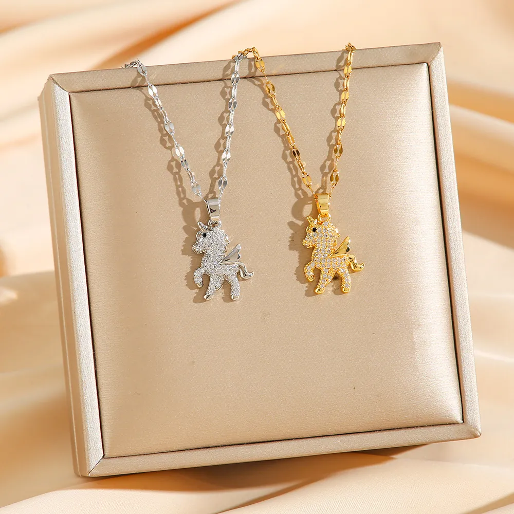 Collana Con Ciondolo Unicorno Pegaso Acciaio Al Titanio Pavé Strass Lucido Stile Fata Catena Clavicola Gioielli Per Donna