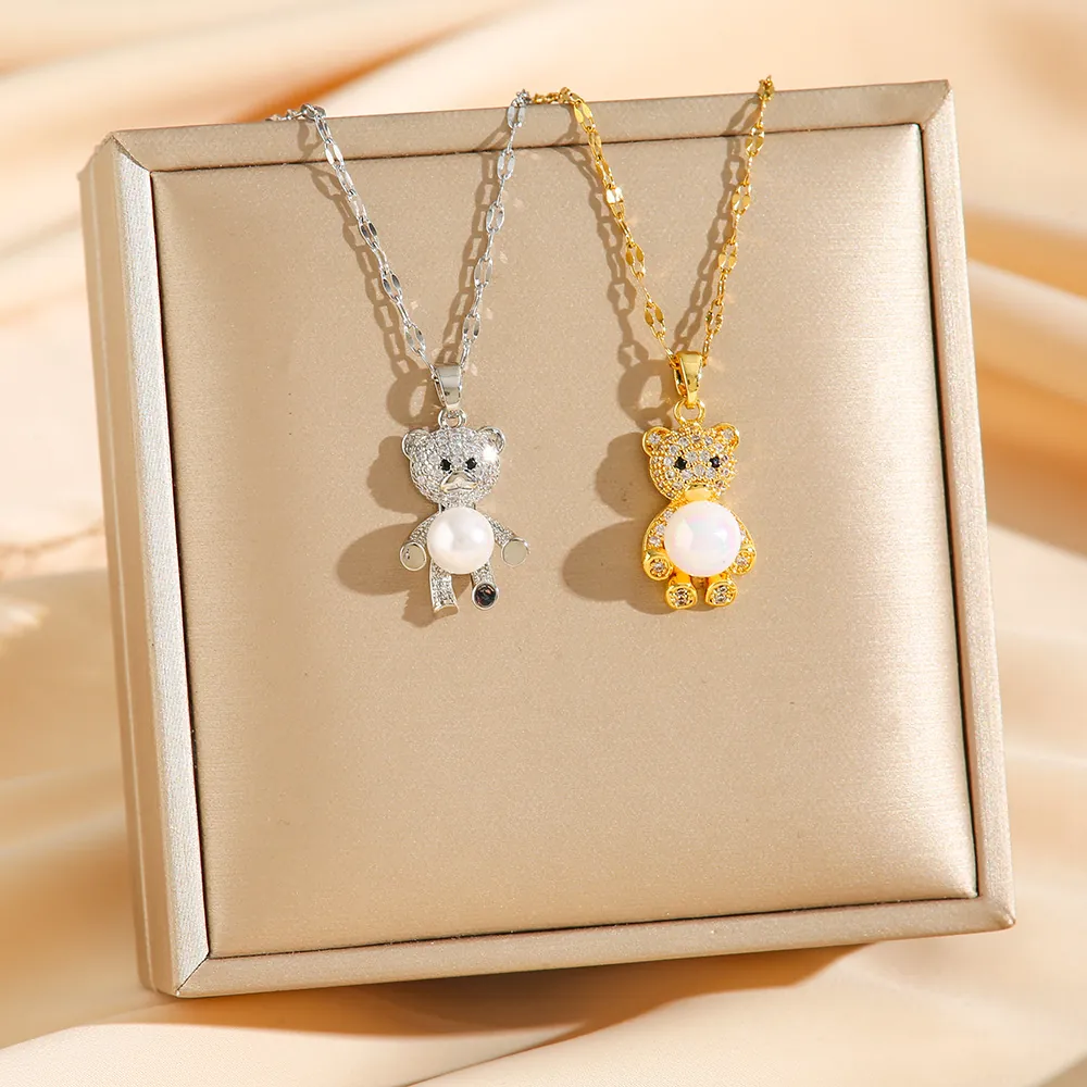 Collier Pendentif Ours Mignon En Acier Titane Avec Zircon Et Imitation Künstliche Perle Bijoux De Mode Style Coréen Pour Femme