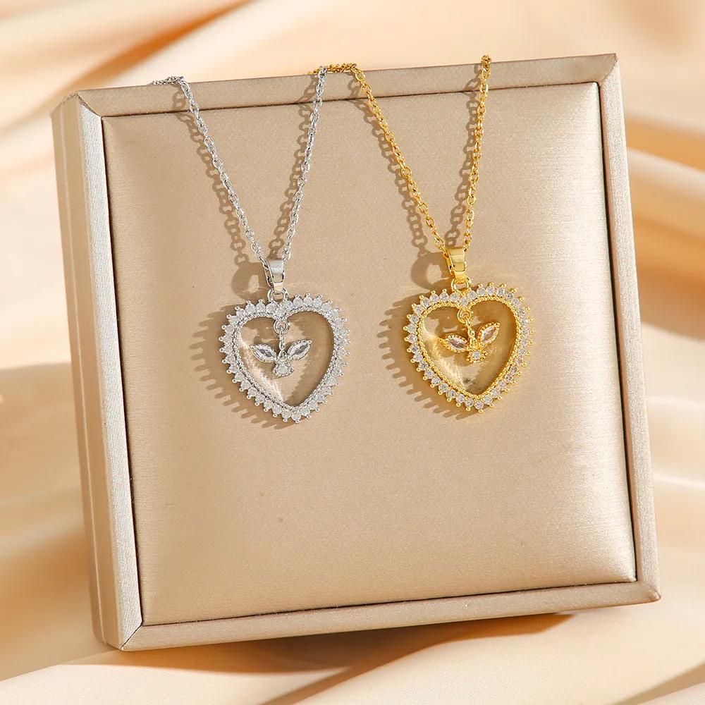 Heart Pendant Necklace Titanium Steel Zircon Inlaid Openwork Wing Bird Jewelry Gift For Women