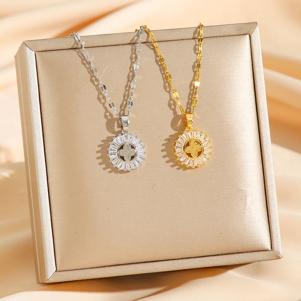 Collana Con Ciondolo Quadrifoglio Fiore Del Sole Acciaio Al Titanio Zirconia Cubica Intarsiata Moda Minimalista Per Donne
