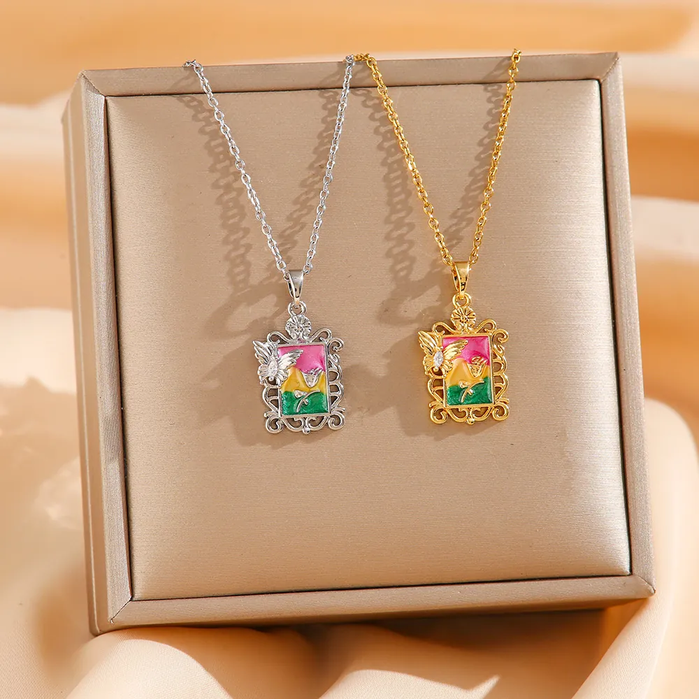 Vintage Monet Garden Oil Painting Rose Butterfly Pendant Necklace Stainless Steel Enamel Jewelry For Women