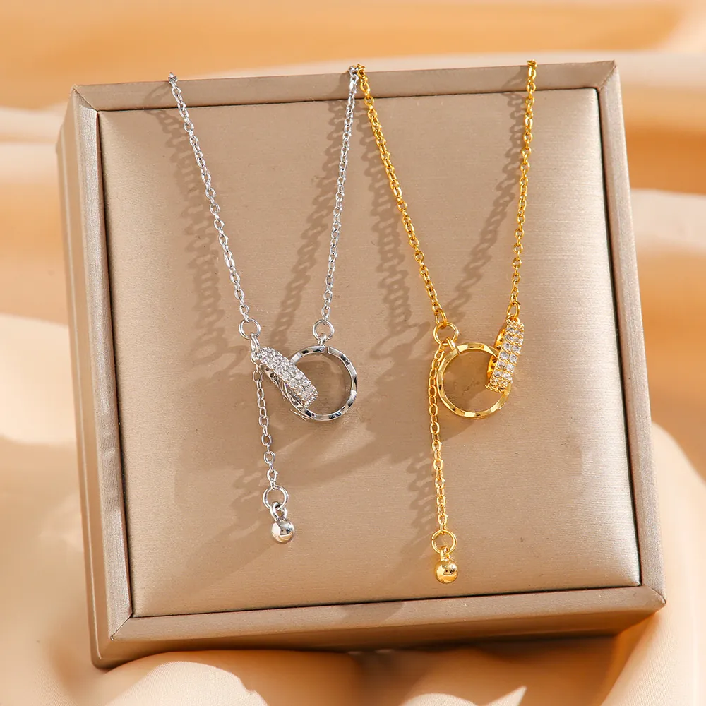 Double Ring Pendant Necklace Full Zircon Inlaid Stainless Steel Geometric Tassel Clavicle Chain For Women