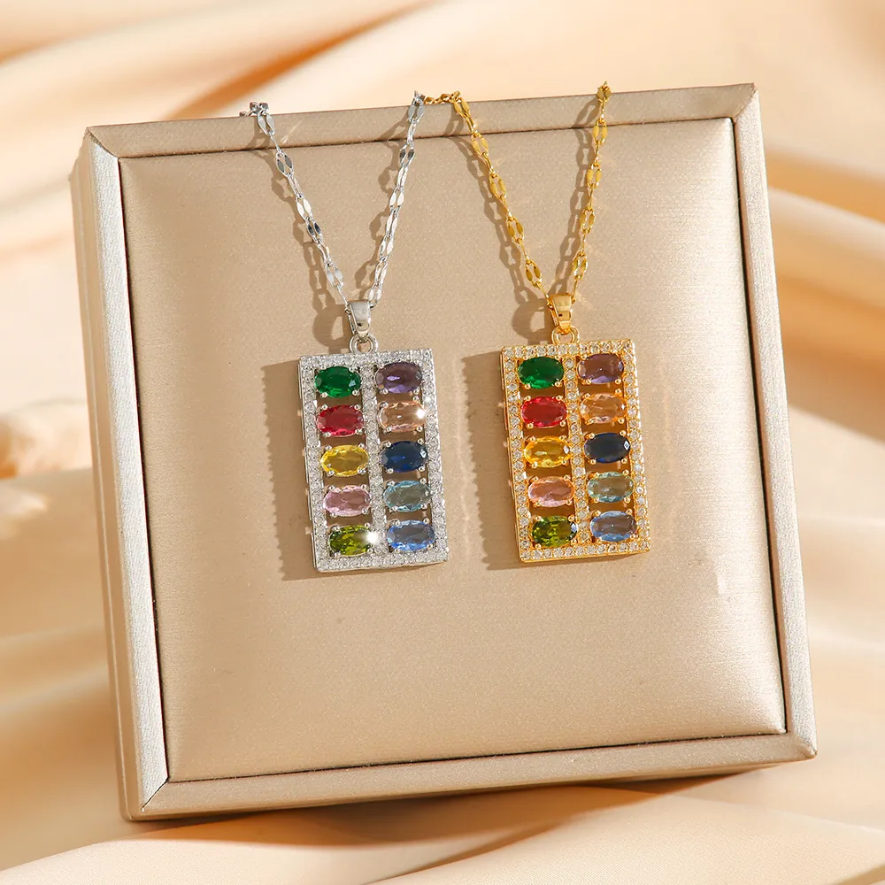 Titanium Steel Abacus Pendant Necklace For Women Colorful Rhinestone Inlaid Geometric Clavicle Chain Korean Fashion Jewelry