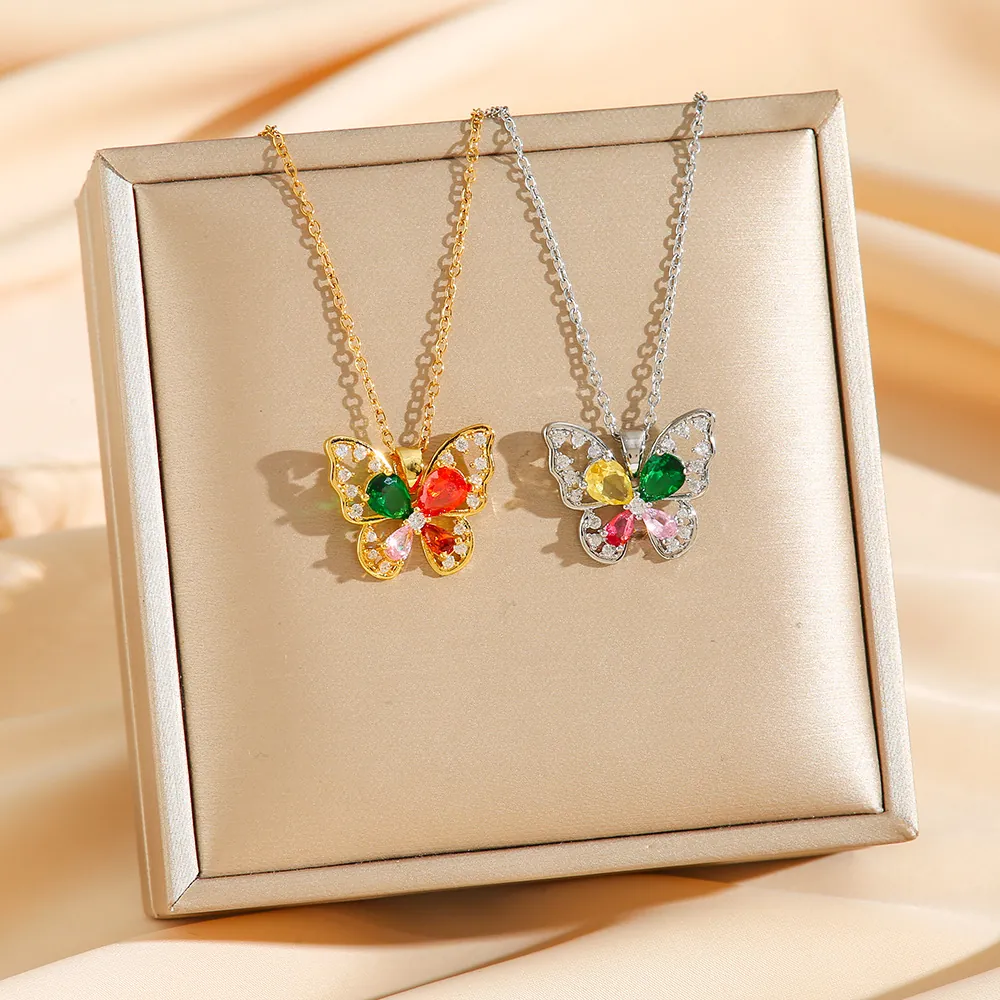 Butterfly Pendant Necklace Stainless Steel Colorful Pear Shape Zirconia Micro Set Hollow Elegant Jewelry Women