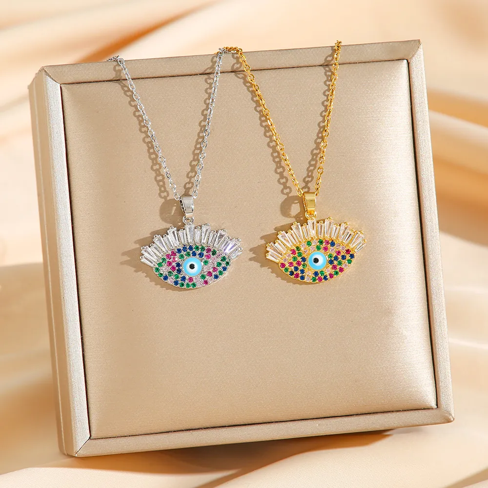 Collier Pendentif Œil Du Mal Rétro Pour Femme Acier Inoxydable Avec Pierres Zircone Cubique Colorées Taille Baguette Bijoux Boho