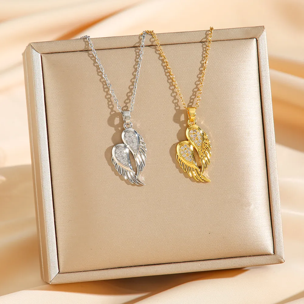 Collier Pendentif Cœur Ailes D'Ange En Acier Inoxydable Avec Micro Pavage De Zircon Bijou Élégant Pour Femme