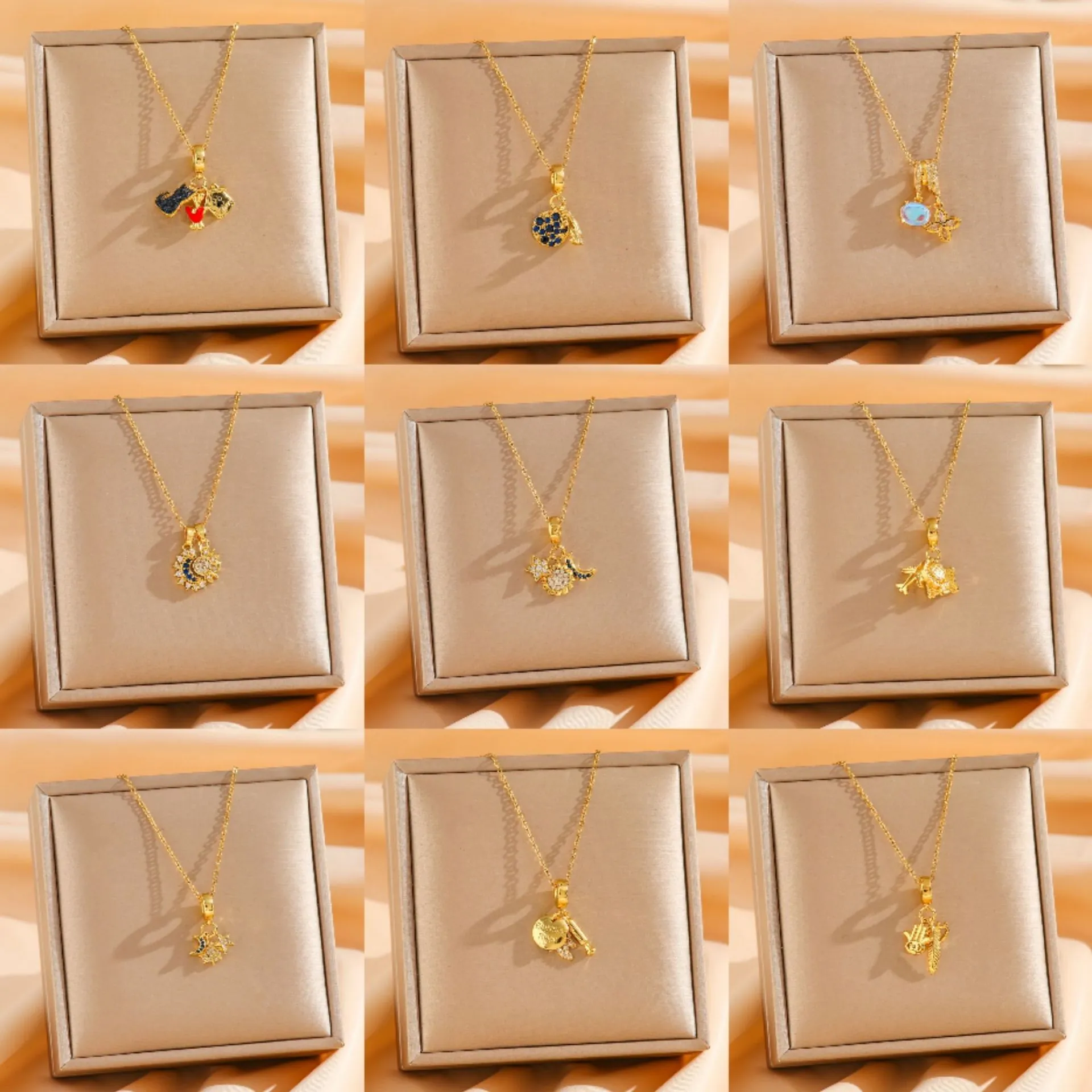 Titanium Steel Necklace For Women With Copper Zirconia Heart Moon Star Sun Pendants Fashion Delicate Dainty Accessory