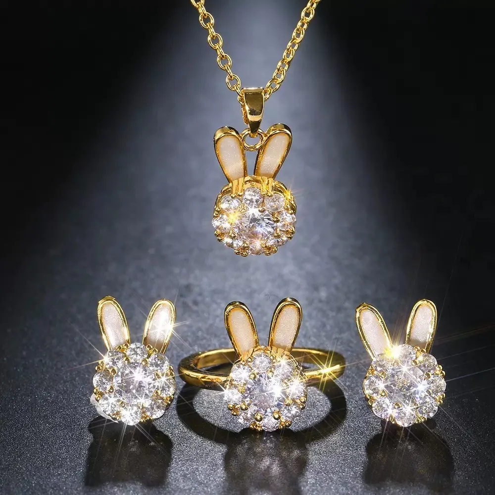 Rotatable Rabbit Jewelry Necklace Earrings And Ring Gold Plated Brass Cubic Zirconia Enamel Sweet Gift For Women
