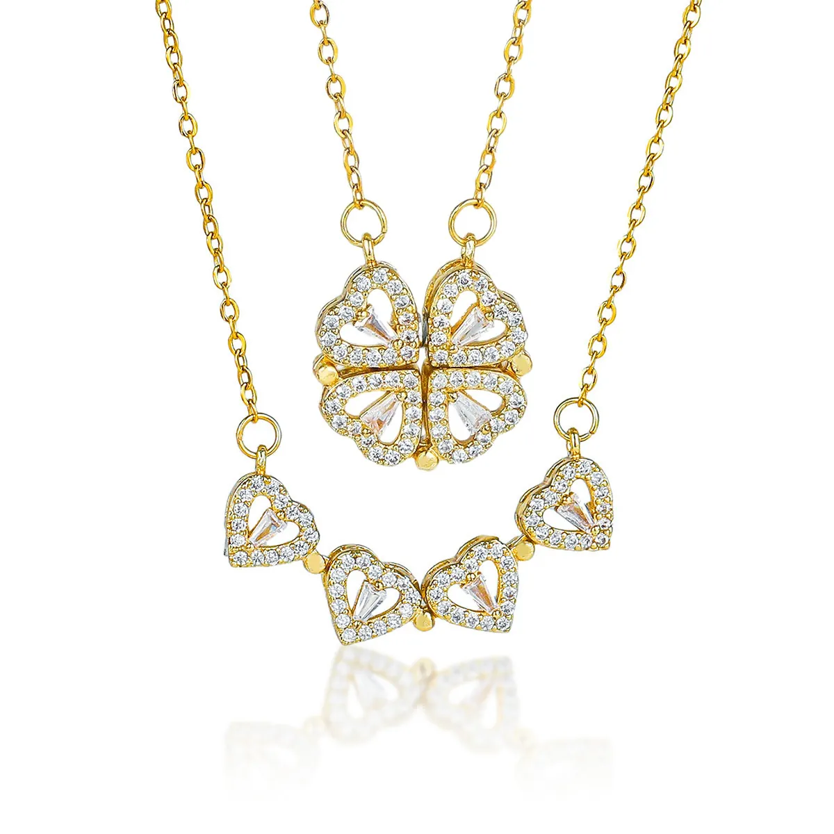 Transformable Four Leaf Clover Necklace Titanium Steel Full Rhinestone Heart Magnetic Jewelry For Women Elegant Birthday Gift