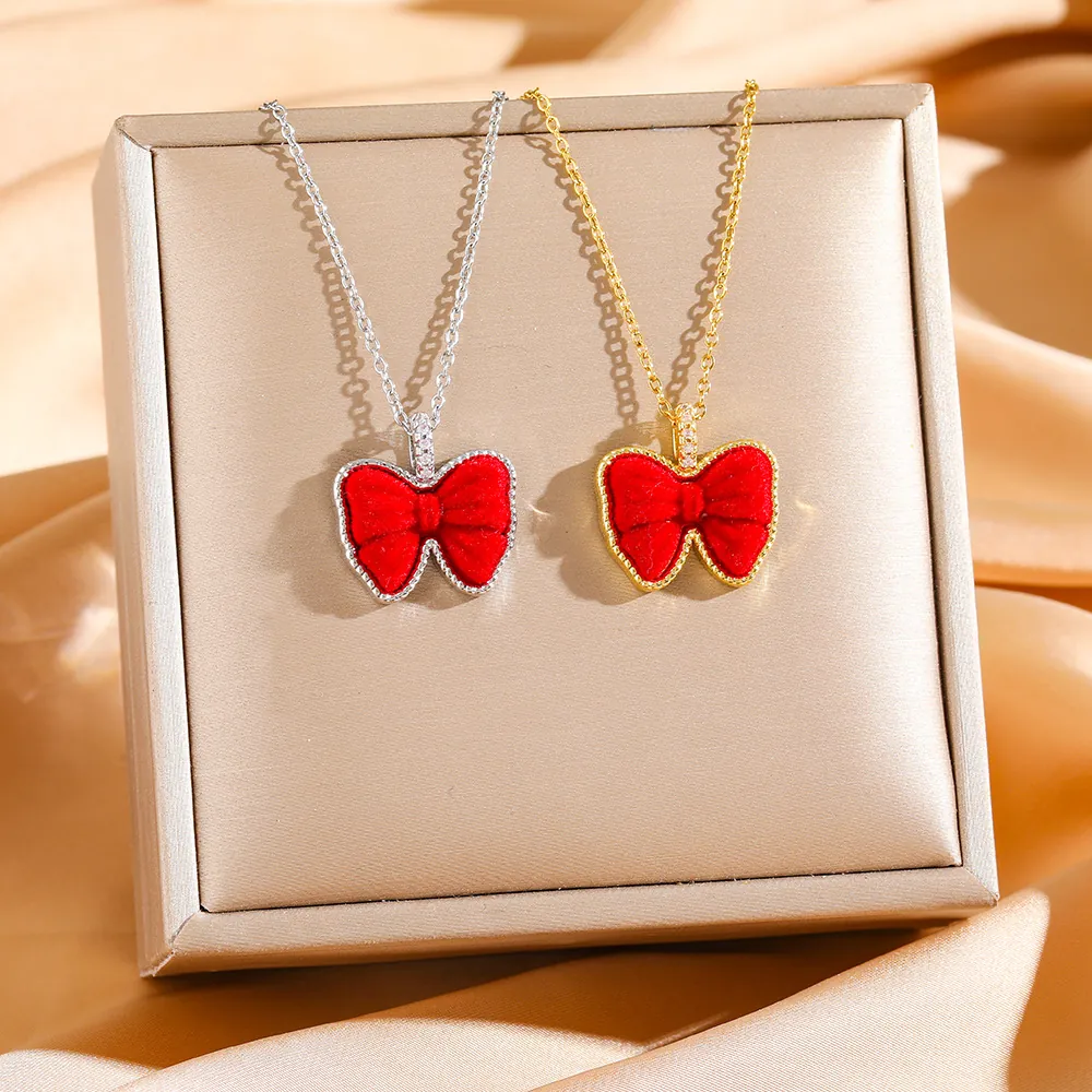Collier Pendentif Noeud Velours Rouge Floqué Acier Titane Noël Nouvel An Bijoux Élégants Festifs Pour Femmes