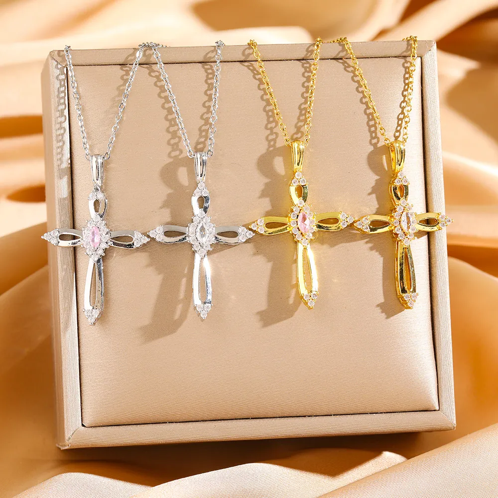Cross Pendant Necklace Titanium Steel Hollow Marquise Zircon Elegant Religious Fashion Jewelry For Women