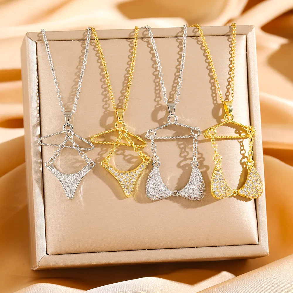 Creative Bikini Lingerie Hanger Pendant Necklace Titanium Steel And Copper With Zircon Sexy Trendy Jewelry For Women