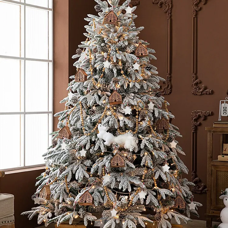Flocked Artificial Christmas Tree Mixed Leaves Warm LED Lights Tree Skirt Snow Effect PVC PE Materials Home Holiday Party Decor