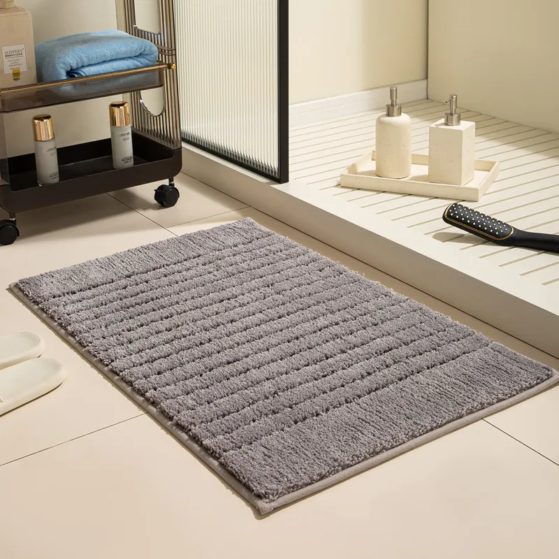 Striped Microfiber Bathroom Mat Thickened Fluff Absorbent Quick Dry Non Slip Bath Rug For Shower Entrance Bedroom Solid Color