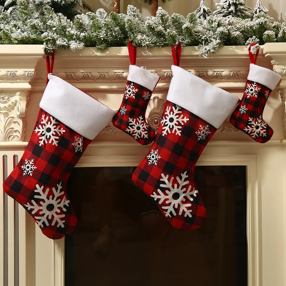Buffalo Plaid Christmas Stocking Large Red Black Snowflake Decorative Gift Bag With Faux Fur Trim For Xmas Party Decor