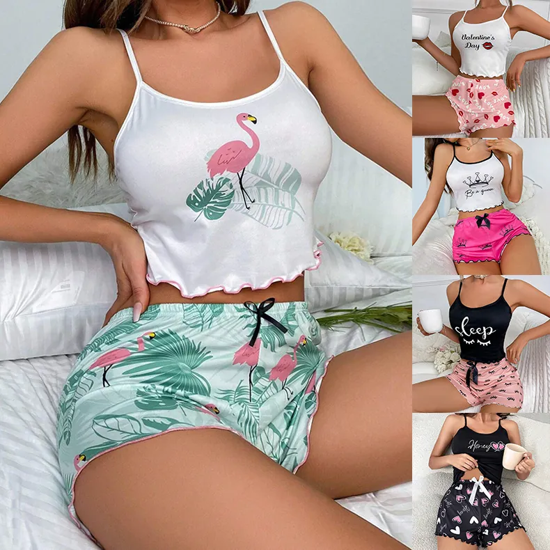 Women Cami Top And Shorts Milk Satin Polyester Elastane Lettuce Trim Heart Flamingo Print Sleepwear Loungewear Casual