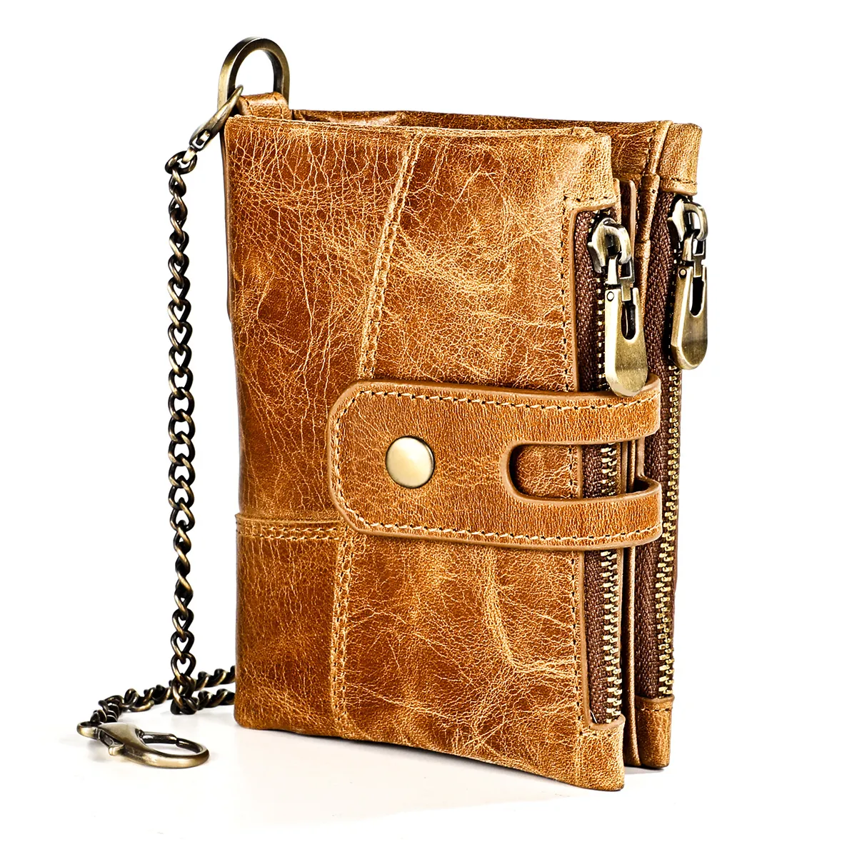 Portefeuille Homme Cuir Véritable Blocage RFID Double Fermeture Éclair Chaîne Antivol Rétro Court Porte Cartes