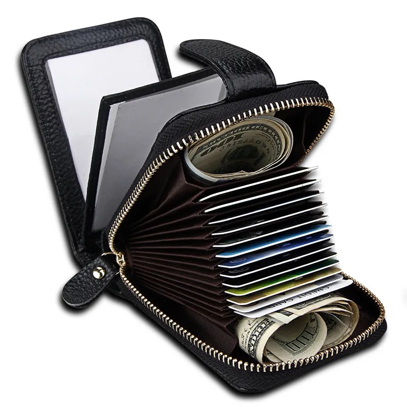 RFID Blocking Genuine Leather Card Holder Wallet Litchi Grain Accordion Case Large Capacity Zippered Multi-functional