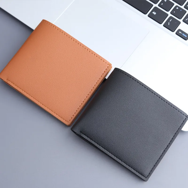 Men Bi-fold Short Wallet Faux Leather Lychee Texture Minimalist Business Solid Color Card Holder Lightweight