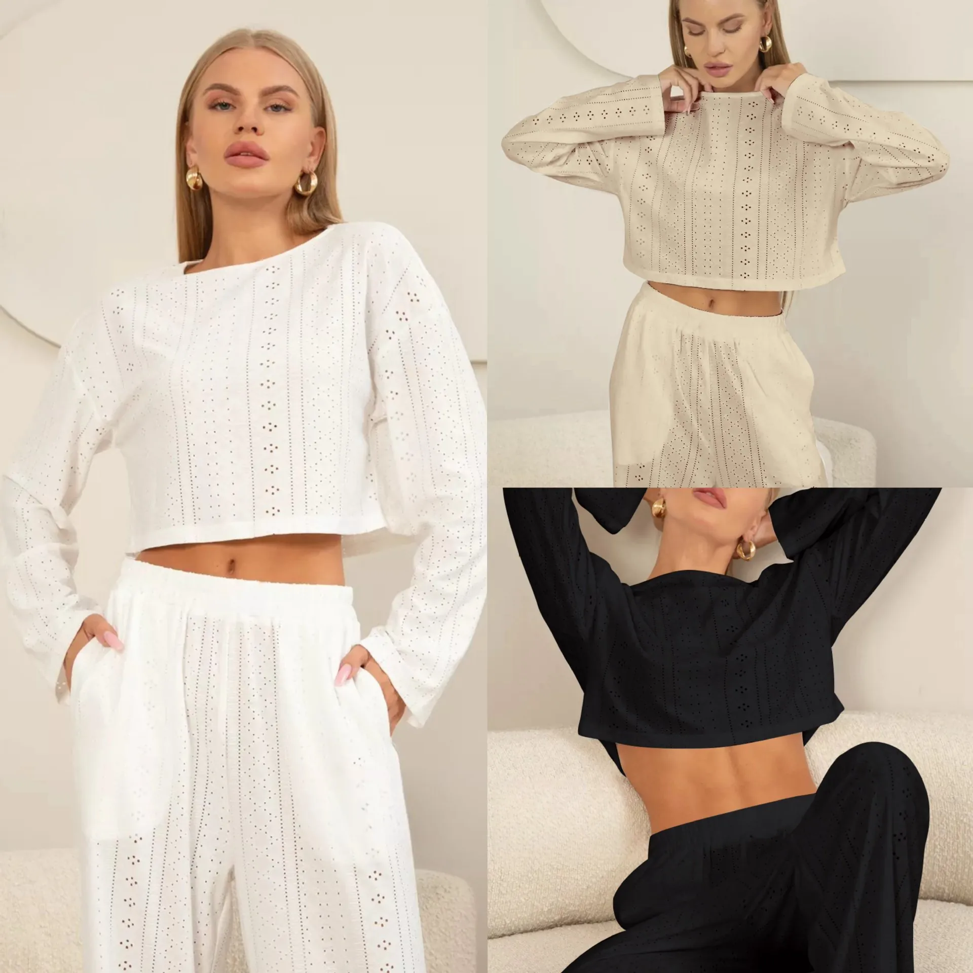 Dames Modal Ribgebreide Top met Lange Mouwen en Wijde Broek Oogjesontwerp Comfortabele Loungewear Elegante Huisvrijetijdskleding