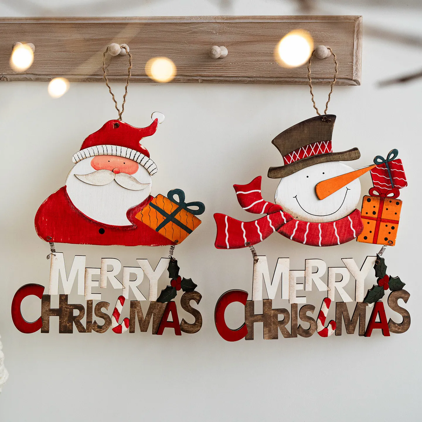 Ornement Suspendu en Bois Peint Noël Père Noël Bonhomme de Neige Panneau de Porte Merry Christmas Décoration de Maison