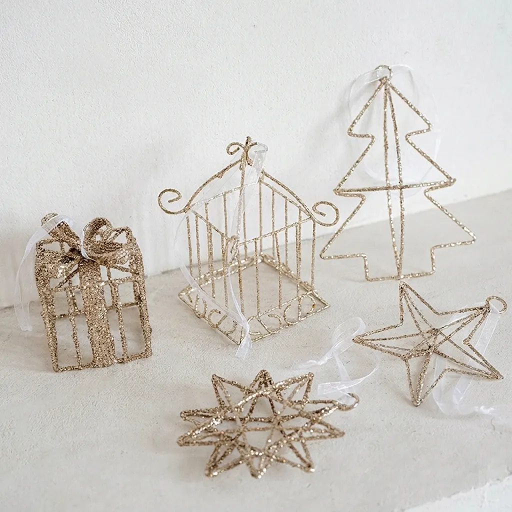 Nordic Gold Glitter Iron Wire Christmas Tree Hanging Ornament Star Gift Box Birdhouse Festive Home Party Decoration