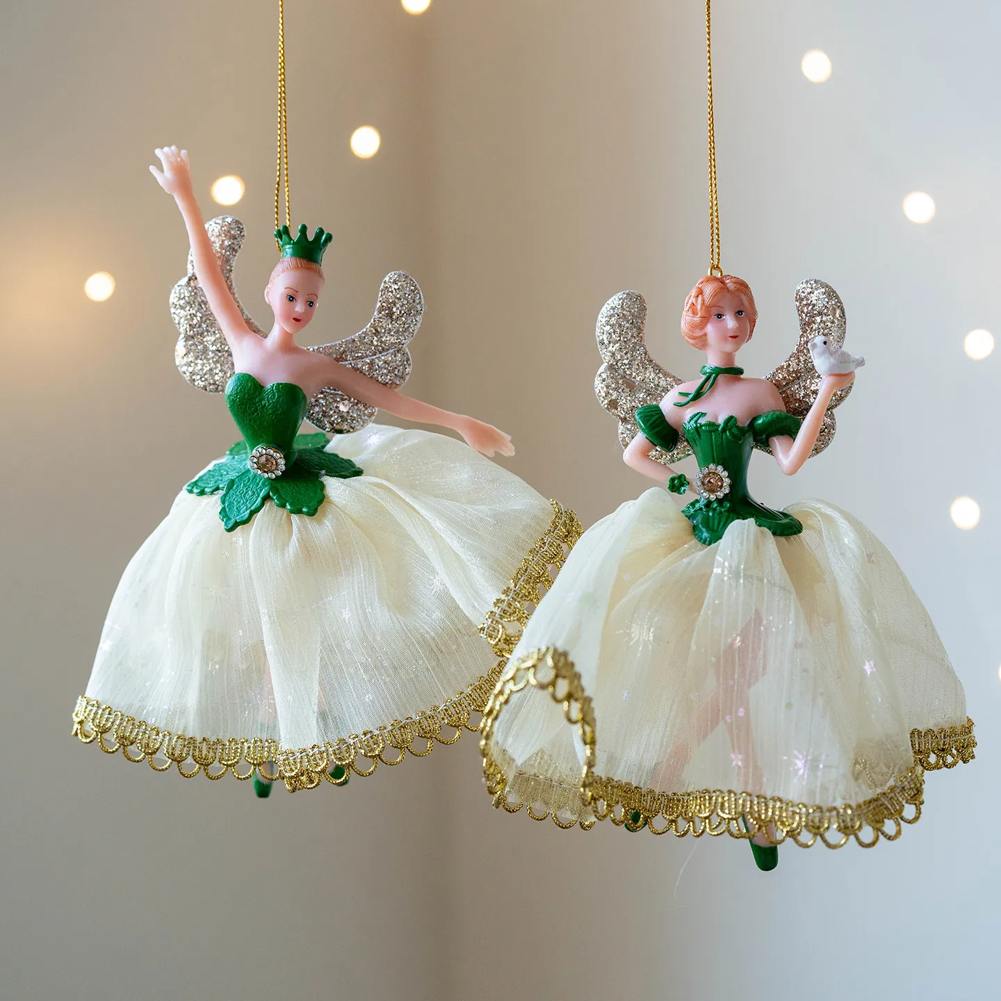Elegant Ballet Girl Ornaments Christmas Angel Hanging Pendants For Holiday Tree Decor Resin Mesh Gauze Feather Fairy Dolls