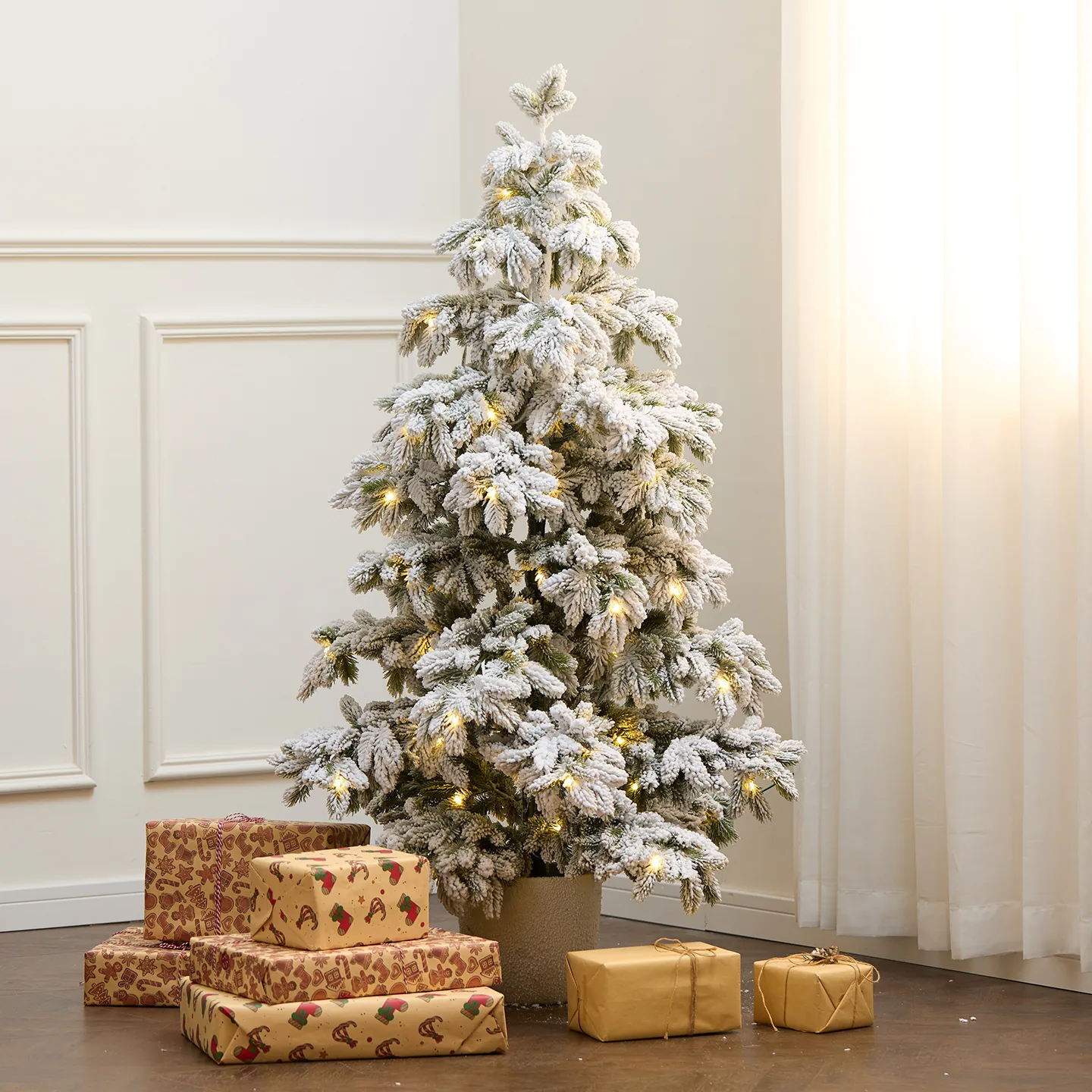 Snow Flocked Christmas Tree Pre-lit Warm LED Lights PE Material Potted Indoor Holiday Decor Winter Festive Realistic