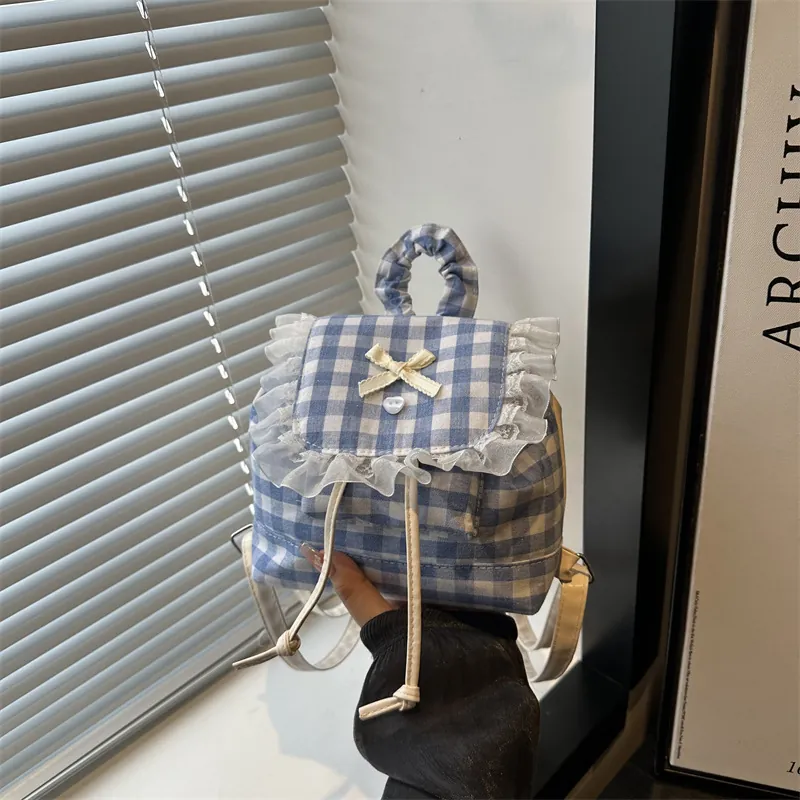 Japanese Sweet Style Plaid Mini Backpack For Women Cute Lace Bowknot Drawstring Backpack Academy Style Plaid School Bag
