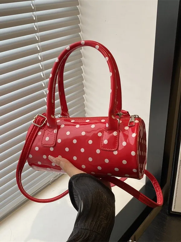 Women Vintage Polka Dot Cylinder Bag Glossy PU Leather Small Boston Bag Removable Strap Street Style Casual Handbag For Women