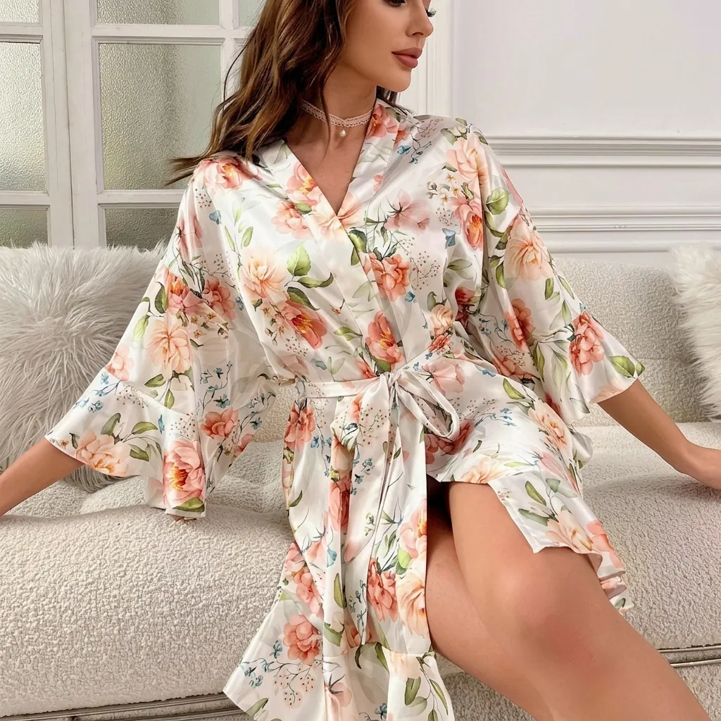 Women Floral Print Satin Robe Romantic Tie Waist Ruffle Hem Trumpet Sleeve Kimono Elegant Sleepwear