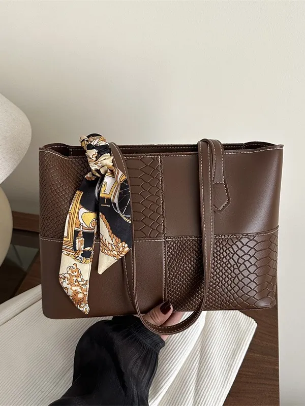 Women Patchwork PU Leather Tote Bag Crocodile Pattern With Decorative Satin Scarf Large Capacity Daily Shoulder Handbag