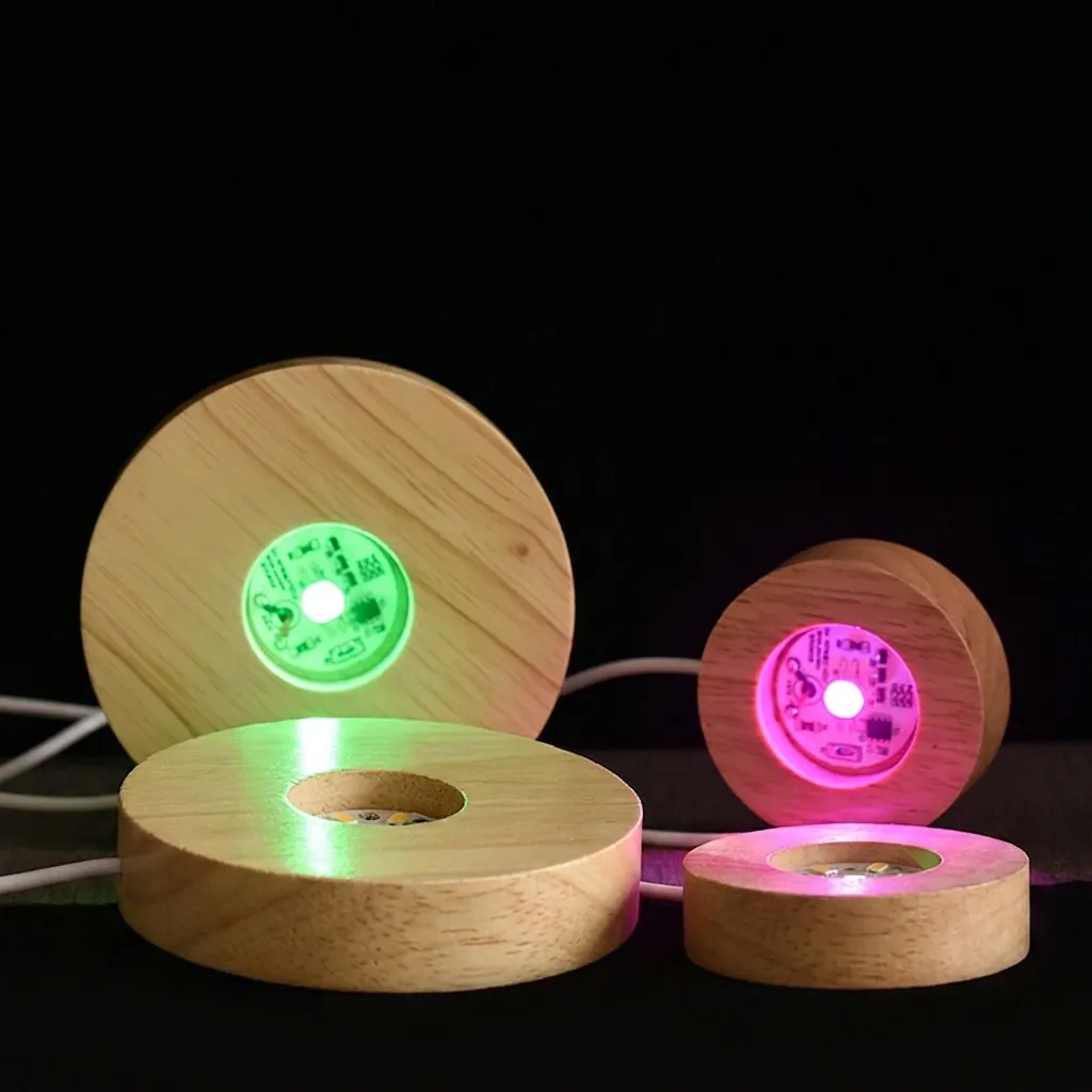 Wood LED Lamp Base USB Powered Crystal Ball Stand Wooden Light Base For Night Light Decorative Display Round Square Oval Star