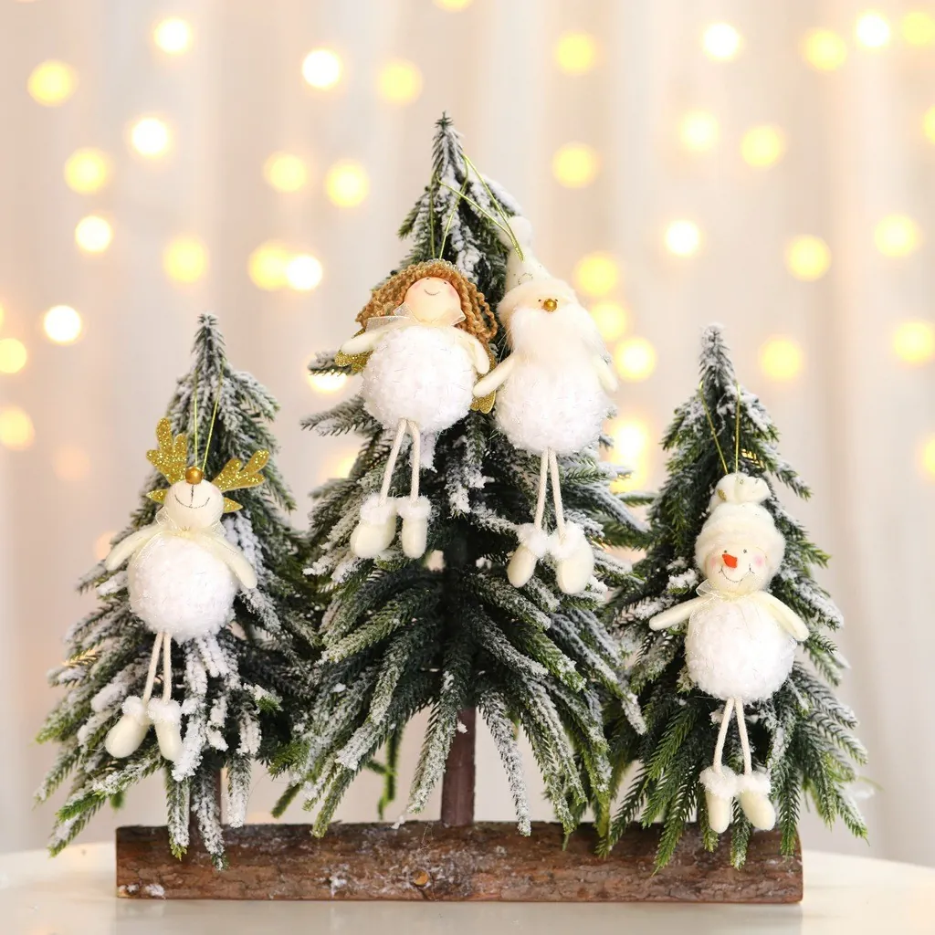 Ornements Suspendus de Noël en Peluche Blanche Père Noël Bonhomme de Neige Renne Ange Pour Sapin de Noël Fête Maison Décor