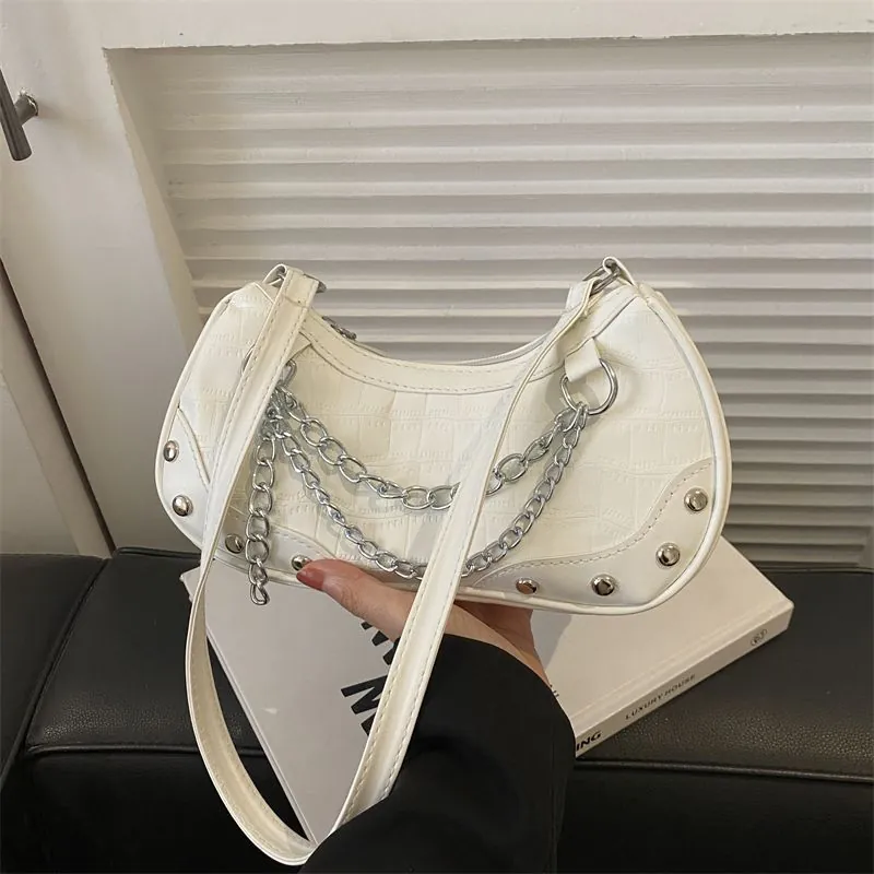 Women Shoulder Bag PU Leather Crocodile Pattern Silver Chain Rivet Half Moon Underarm Handbag Y2K Style