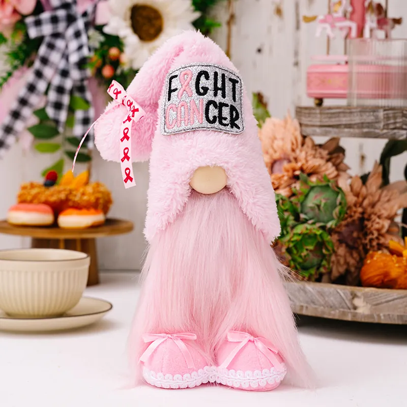 Ruban Rose Sensibilisation Cancer Du Sein Gnome En Peluche Fight Cancer Longue Barbe Poupée Tomte Décoration Table Cadeau Charité