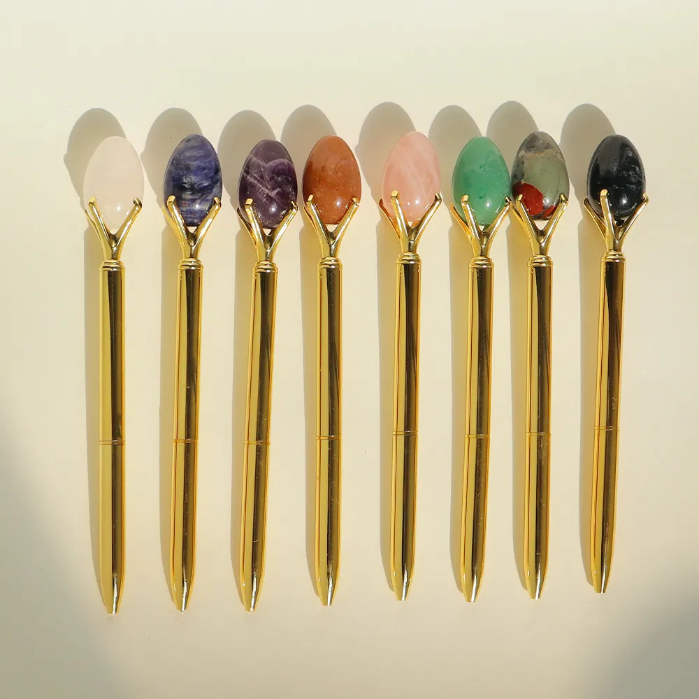 Crystal Gemstone Metal Ballpoint Pen Gold Plated Office Desktop Decor Elegant Writing Stationery Gift