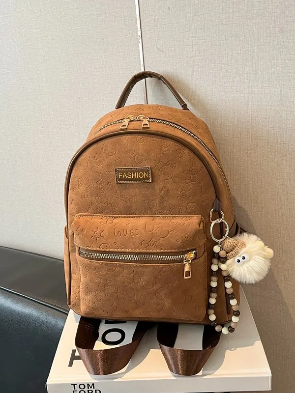Sac à Dos Rétro avec Motifs Animés pour Femmes en Cuir PU Léger Sac d'École Voyage avec Pendentif en Peluche Marron