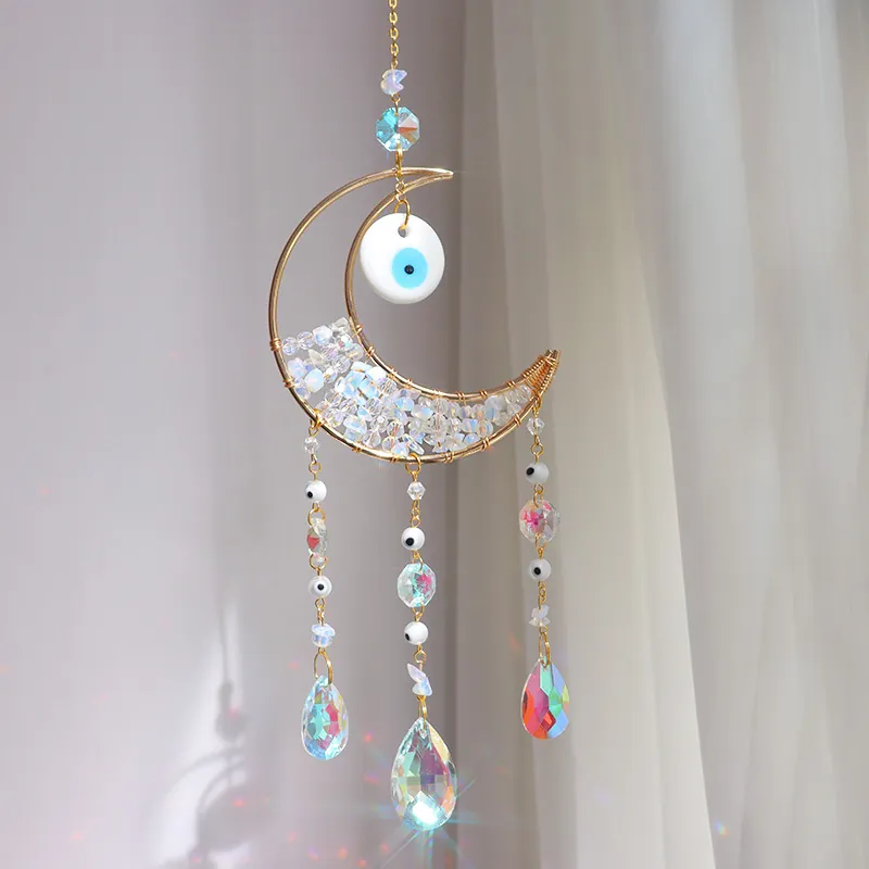Moon Suncatcher With Evil Eye Crystal Hanging Ornament Rainbow Maker Gold Metal Frame Window Decor Accents