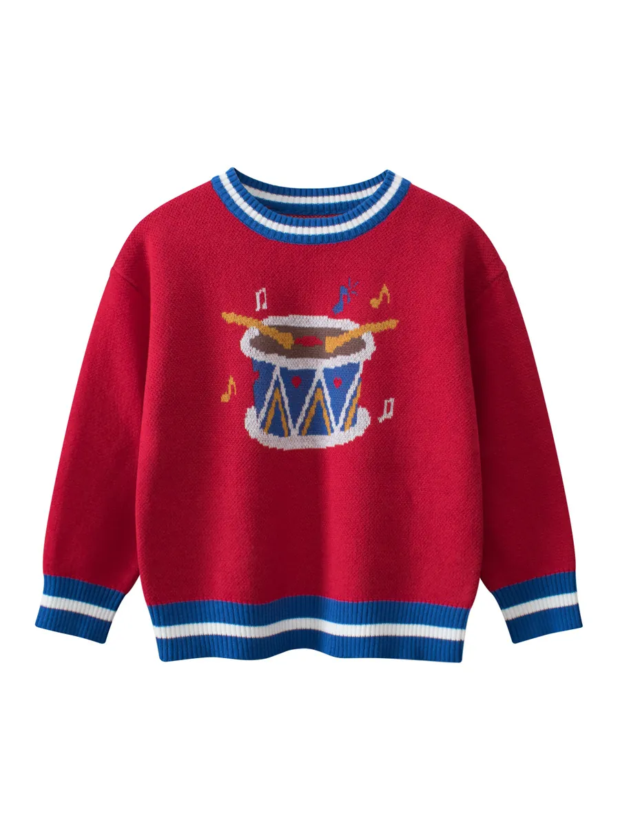 Kinder Baumwolle Strickpullover Weihnachten Neujahr Rot Langarm Pullover Mit Trommel Musiknoten Muster Für Jungen Mädchen
