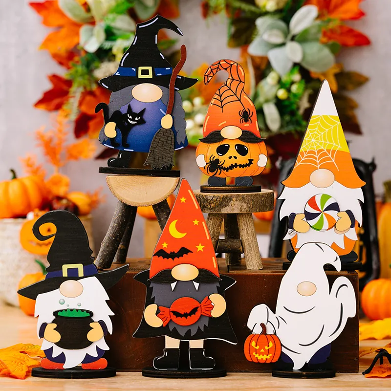 Halloween Gnome Wooden Desktop Ornaments Painted Spooky Ghost Witch Pumpkin Vampire Tabletop Decorations Party Supplies