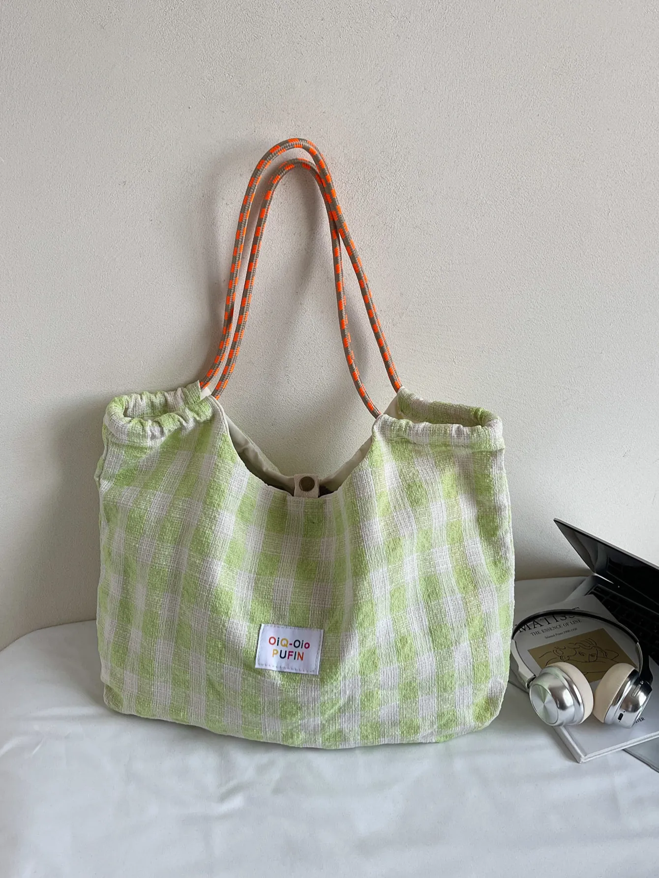 Large Gingham Tote Bag Checkerboard Cloth Shoulder Bag With Rope Handle Casual Versatile Handbag For Women