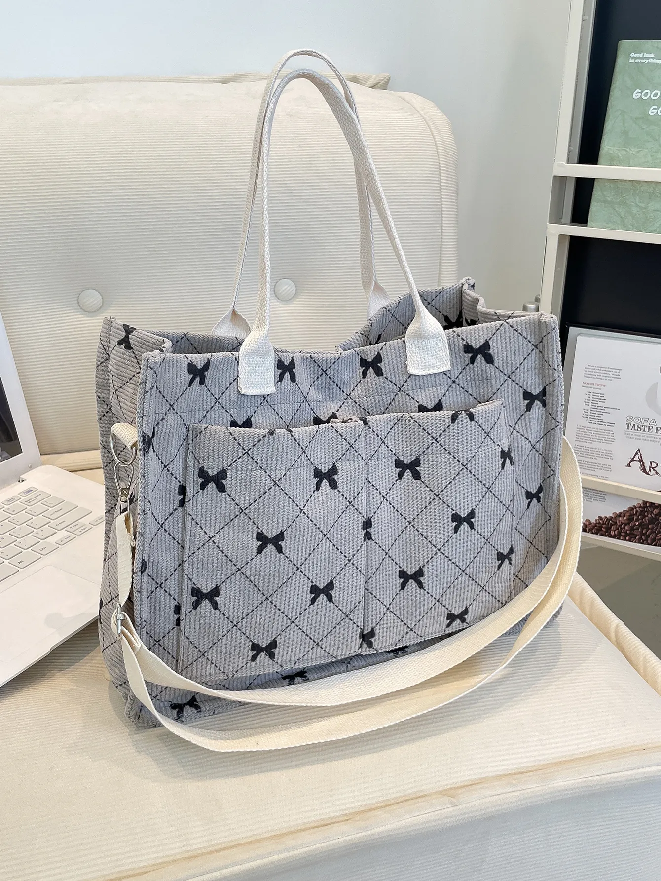 Corduroy Tote Bag Women Bow Print Plaid Pattern Large Capacity Handbag With Adjustable Strap Front Pockets Casual Simple