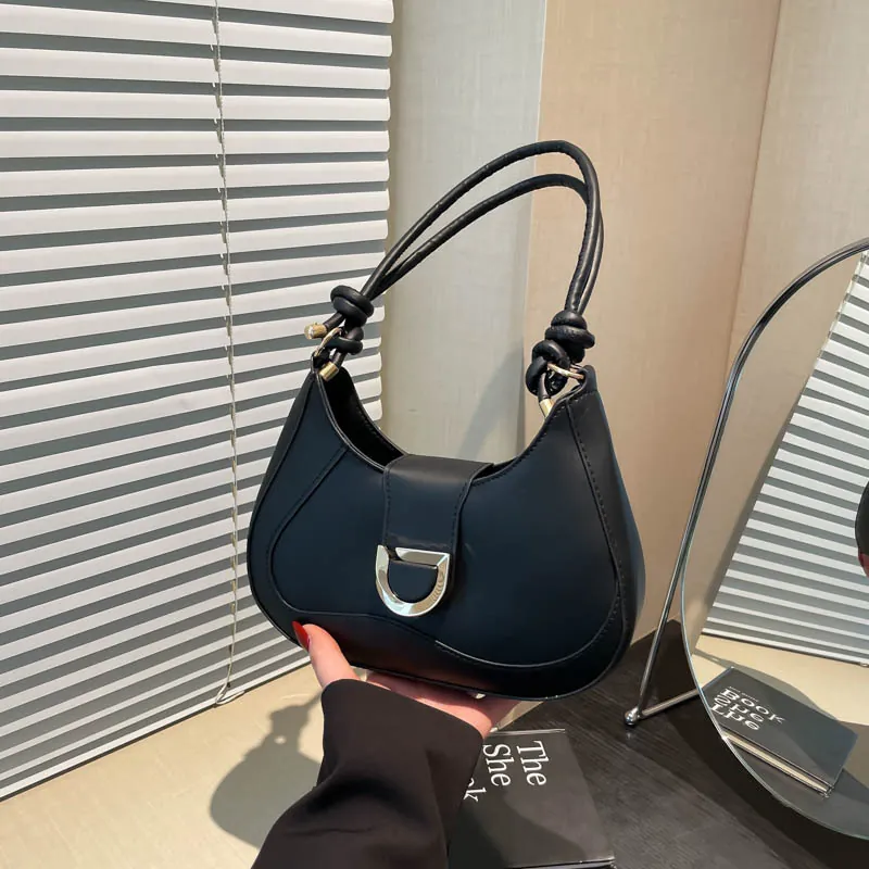 Women's Fashion PU Leather Underarm Hobo Bag With Gold D Buckle Knotted Strap Minimalist Half Moon Shoulder Bag For Daily Use
