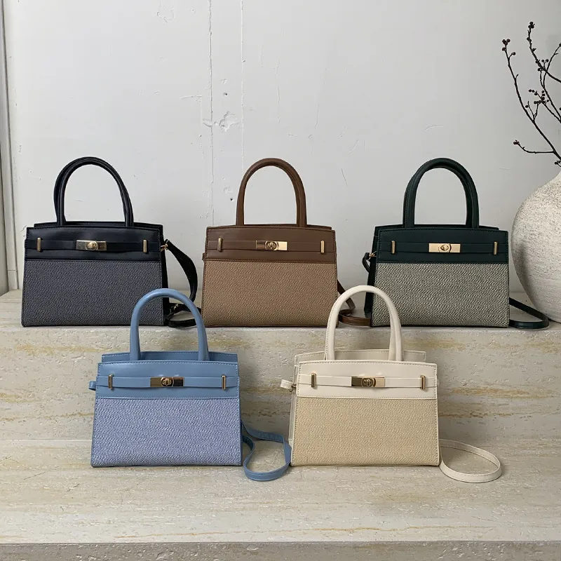 Damen Handtasche Patchwork PU Leder Stoff Vintage Umhängetasche Mit Griff Abnehmbarem Riemen Metall Drehverschluss