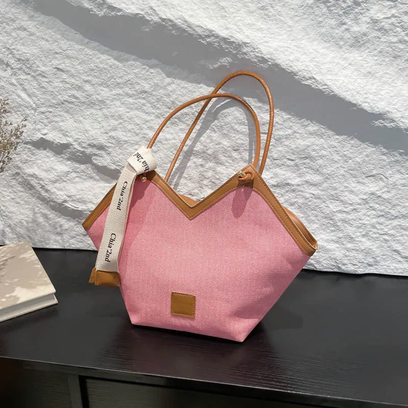 Women Large Capacity Tote Bag Canvas PU Leather Patchwork V Shape Opening Letter Ribbon Decor Shoulder Handbag For Commute