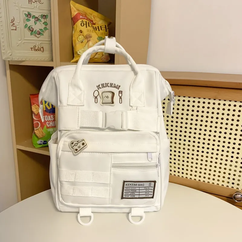 Nylon Backpack Large Capacity Multi Pocket Japanese Style Cute Bread Patch School Bag For Women Students Waterproof