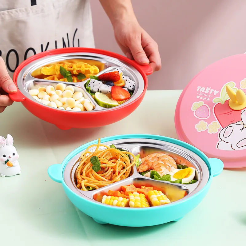Kids Lunch Box 304 Stainless Steel PP Multi Compartment Partitioned Bento Portable Cartoon Rabbit Ear Lid For Students