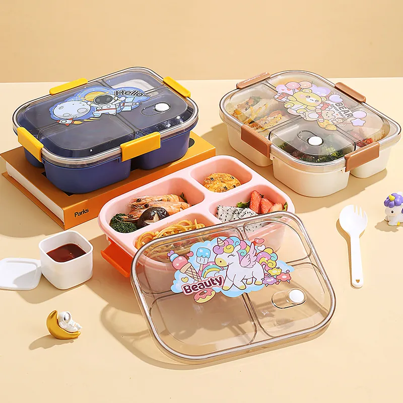 Divided Cartoon Bento Lunch Box Microwave Safe Portable Food Storage Container With Compartments For School Office Picnic